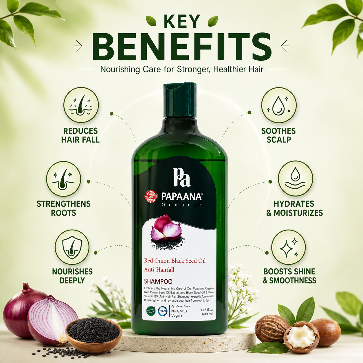 PAPAANA Organic Red Onion Black Seed Oil Anti-Hairfall Shampoo 400ml, sulfate-free shampoo that helps reduce hair fall and strengthen roots.