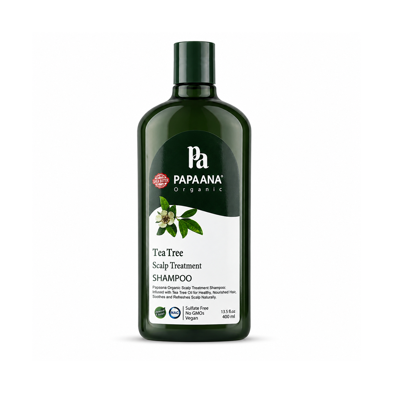 PAPAANA Organic Tea Tree Scalp Treatment Shampoo 400ml bottle, sulfate-free scalp treatment shampoo for itchy and flaky scalp care.