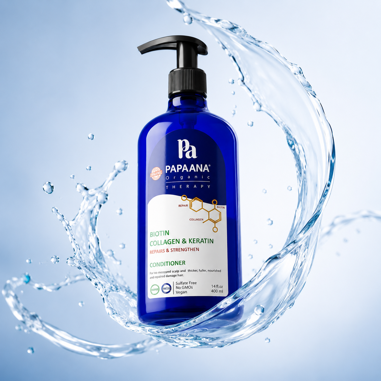 PAPAANA Organic Therapy Biotin Collagen & Keratin Strengthening Hair Conditioner 400ml for reducing hair breakage and nourishing weak hair.
