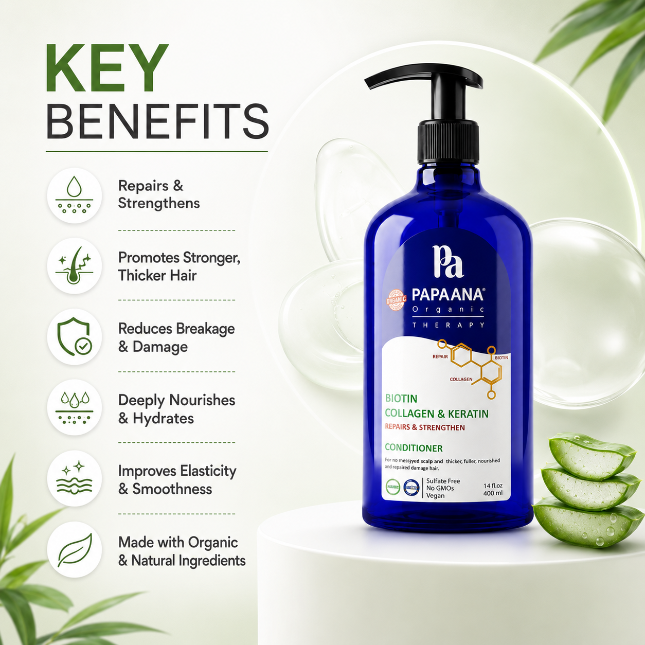 PAPAANA Organic Therapy Biotin Collagen & Keratin Strengthening Hair Conditioner 400ml for reducing hair breakage and nourishing weak hair.