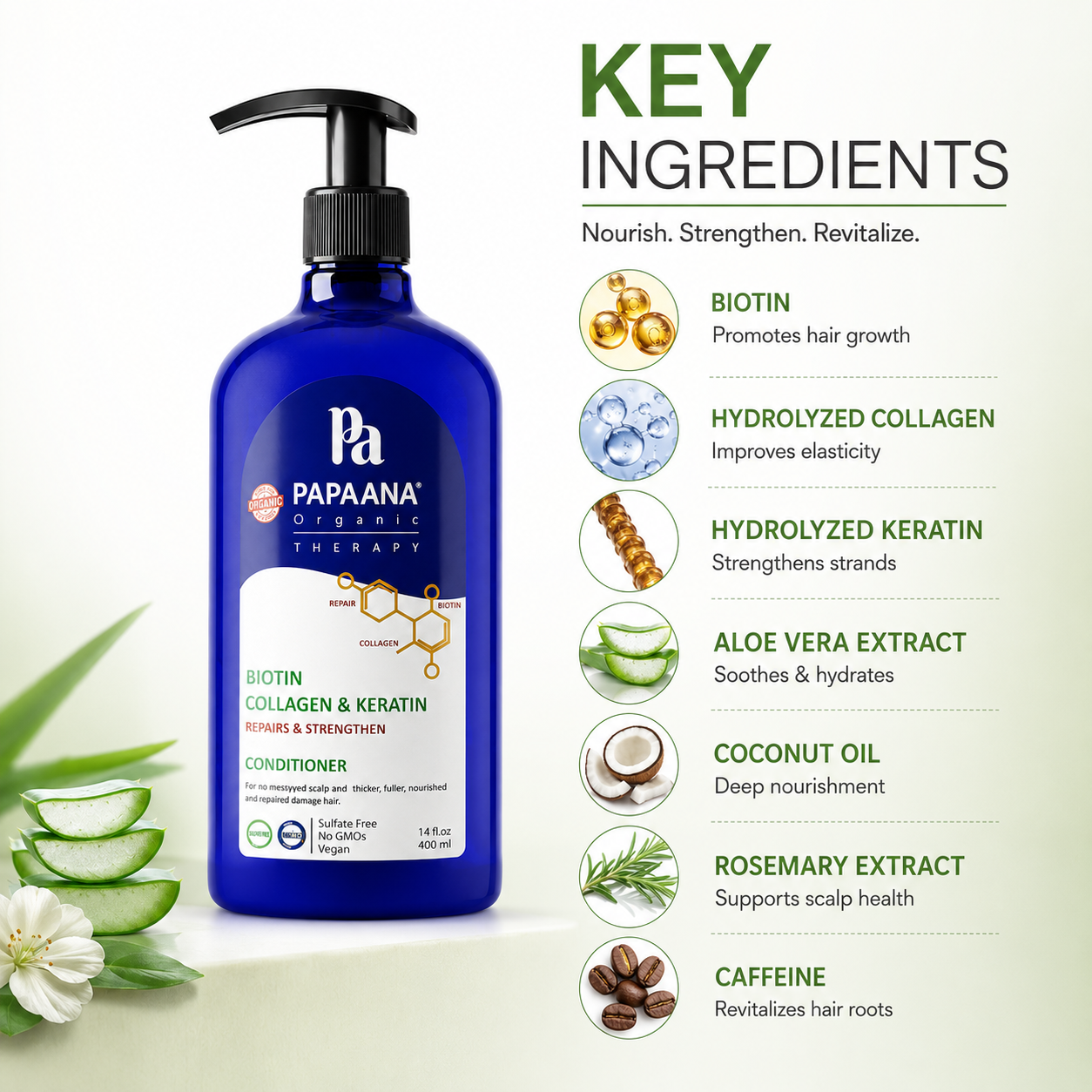 PAPAANA Organic Therapy Biotin Collagen & Keratin Strengthening Hair Conditioner 400ml for reducing hair breakage and nourishing weak hair.