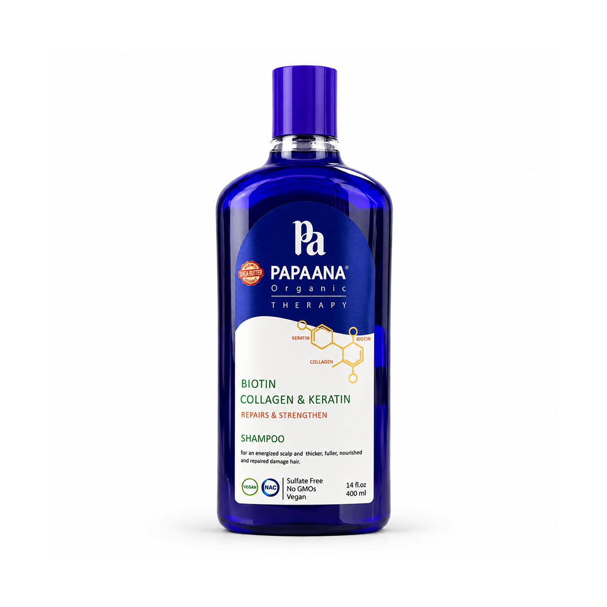 PAPAANA Organic Therapy Biotin Collagen & Keratin Shampoo 400ml hair strengthening shampoo that helps reduce breakage and support healthier hair.