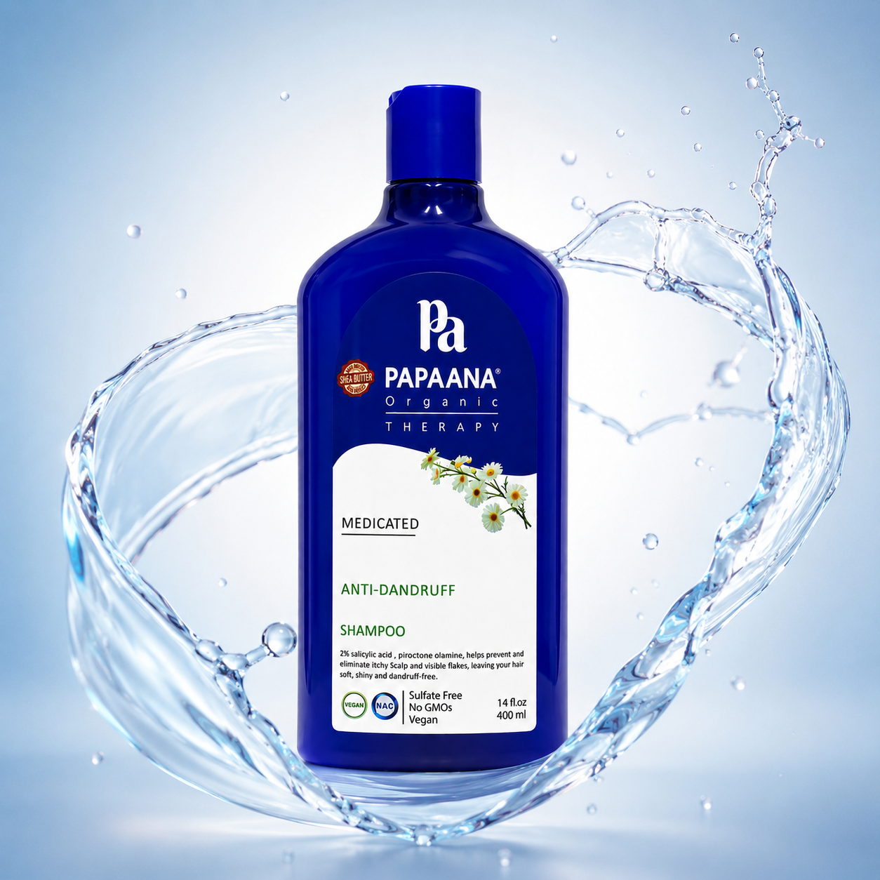 PAPAANA Organic Therapy Medicated Anti-Dandruff Shampoo 400ml bottle, sulfate-free anti-dandruff shampoo for flakes and itchy scalp relief.