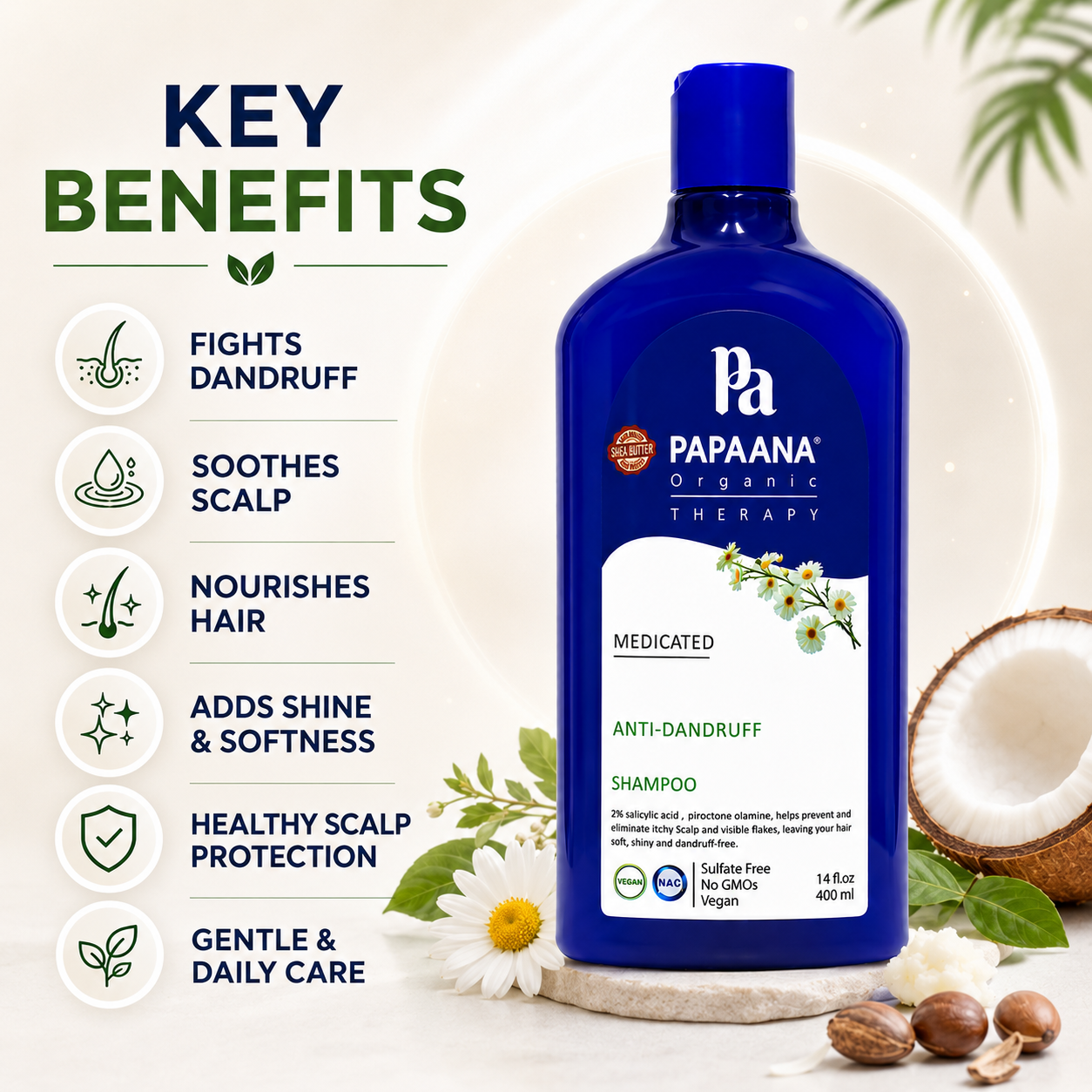 PAPAANA Organic Therapy Medicated Anti-Dandruff Shampoo 400ml bottle, sulfate-free anti-dandruff shampoo for flakes and itchy scalp relief.