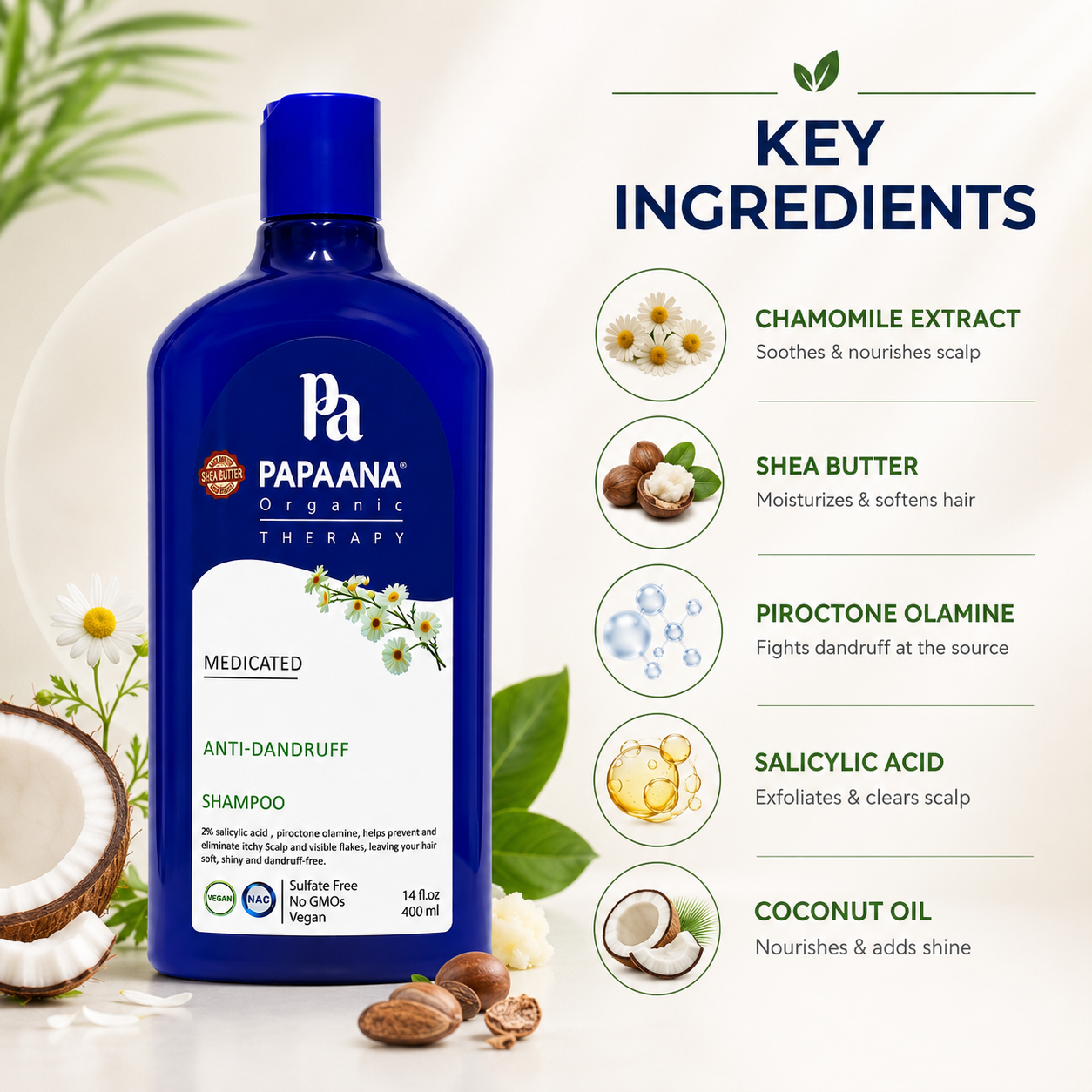 PAPAANA Organic Therapy Medicated Anti-Dandruff Shampoo 400ml bottle, sulfate-free anti-dandruff shampoo for flakes and itchy scalp relief.