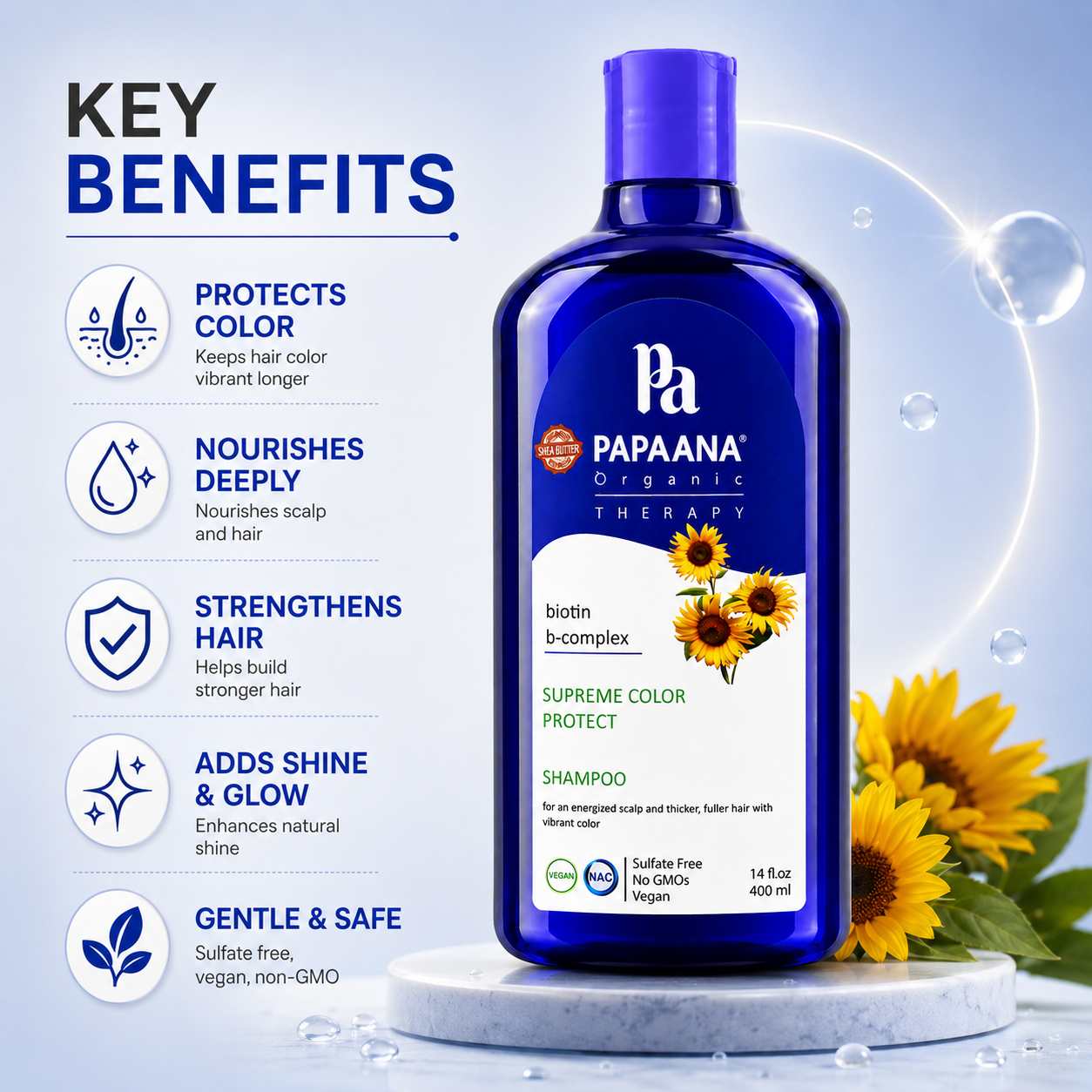 PAPAANA Organic Therapy Supreme Color Protect Shampoo 400ml sulfate-free color protection shampoo for maintaining vibrant color-treated hair and shine.
