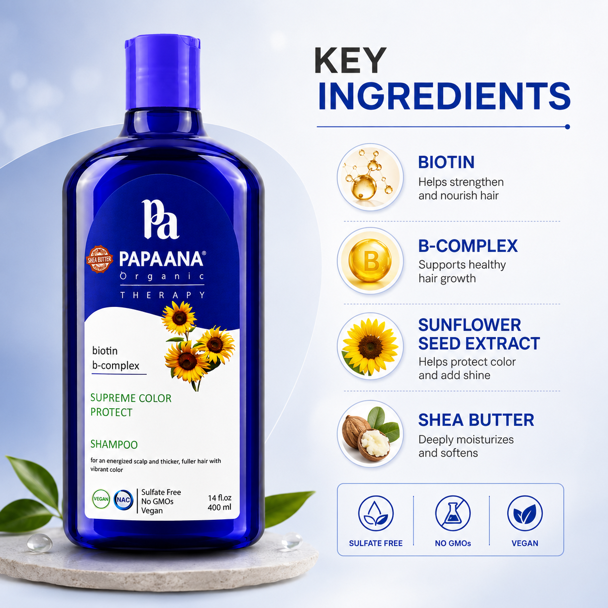 PAPAANA Organic Therapy Supreme Color Protect Shampoo 400ml sulfate-free color protection shampoo for maintaining vibrant color-treated hair and shine.