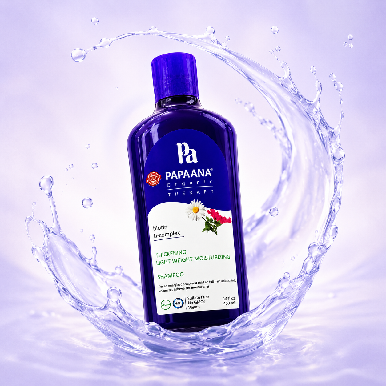 PAPAANA Organic Therapy Thickening Lightweight Moisturizing Shampoo 400ml, biotin-infused thickening shampoo for fuller-looking hair and scalp care.
