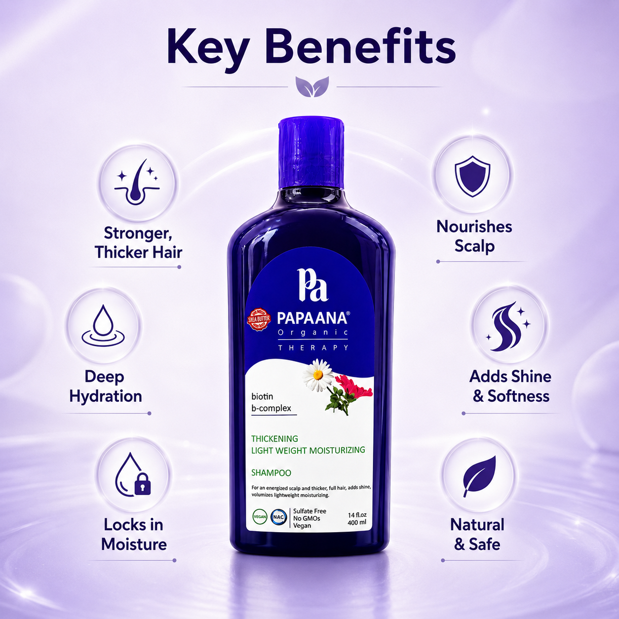 PAPAANA Organic Therapy Thickening Lightweight Moisturizing Shampoo 400ml, biotin-infused thickening shampoo for fuller-looking hair and scalp care.