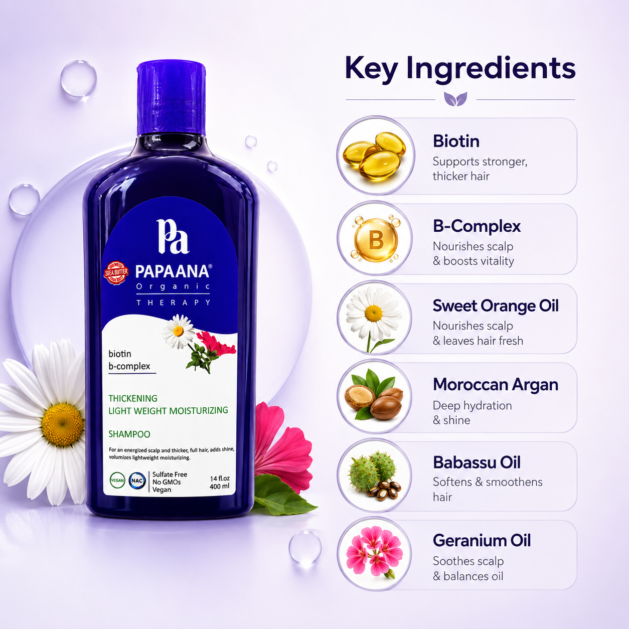 PAPAANA Organic Therapy Thickening Lightweight Moisturizing Shampoo 400ml, biotin-infused thickening shampoo for fuller-looking hair and scalp care.