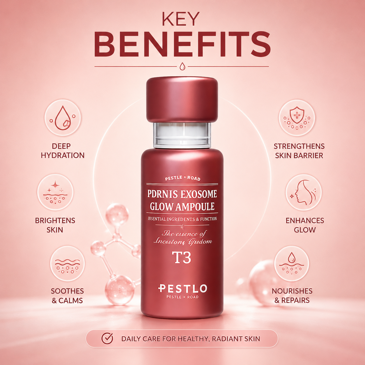 PESTLO PDRN15 Exosome Glow Ampoule T3 facial ampoule 30ml designed to improve skin elasticity, hydration and natural glow.