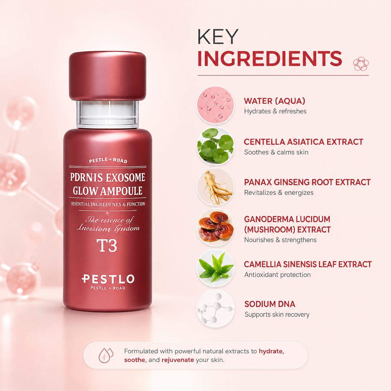 PESTLO PDRN15 Exosome Glow Ampoule T3 facial ampoule 30ml designed to improve skin elasticity, hydration and natural glow.