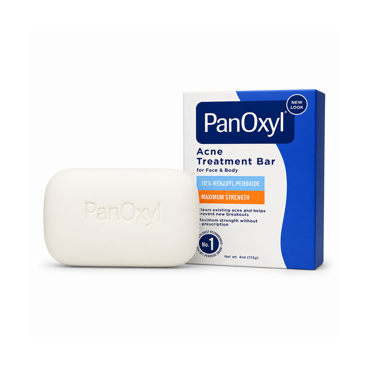 PanOxyl Acne Treatment Bar 113g with 10% benzoyl peroxide for face and body acne control, helps clear breakouts and unclog pores
