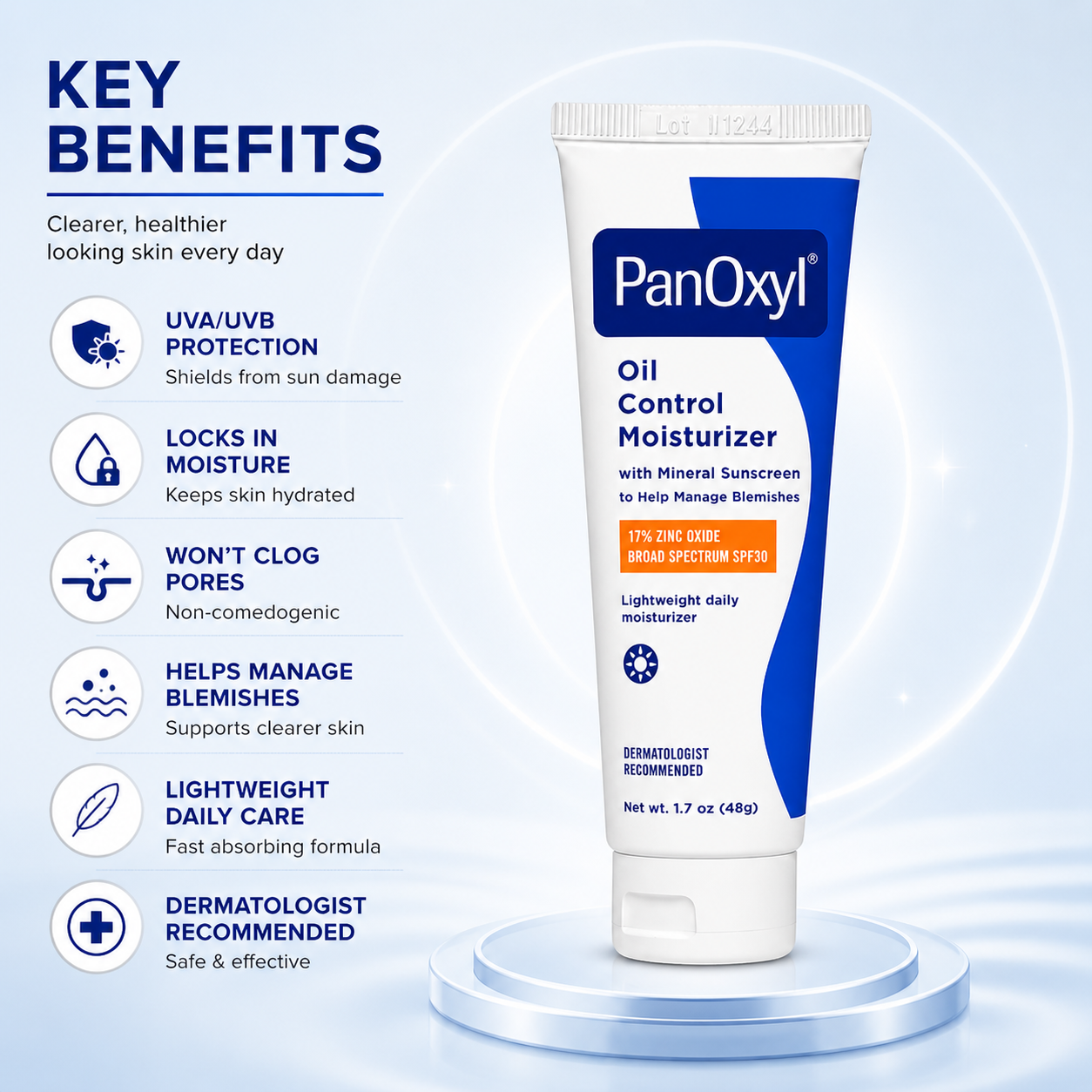 PanOxyl Oil Control Moisturizer with Mineral Sunscreen SPF30 48g tube for acne-prone skin with shine control and UV protection