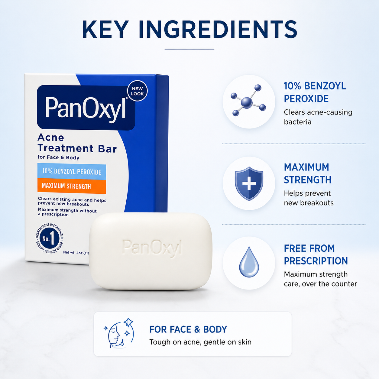 PanOxyl Acne Treatment Bar 113g with 10% benzoyl peroxide for face and body acne control, helps clear breakouts and unclog pores