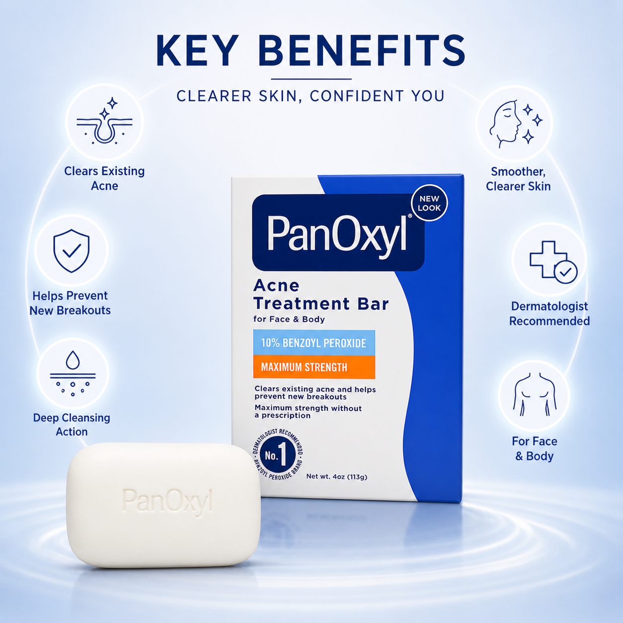 PanOxyl Acne Treatment Bar 113g with 10% benzoyl peroxide for face and body acne control, helps clear breakouts and unclog pores