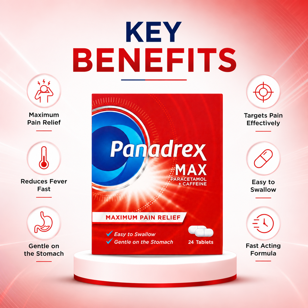 Panadrex MAX Paracetamol + Caffeine pain relief tablets, 24 tablets, for maximum pain relief