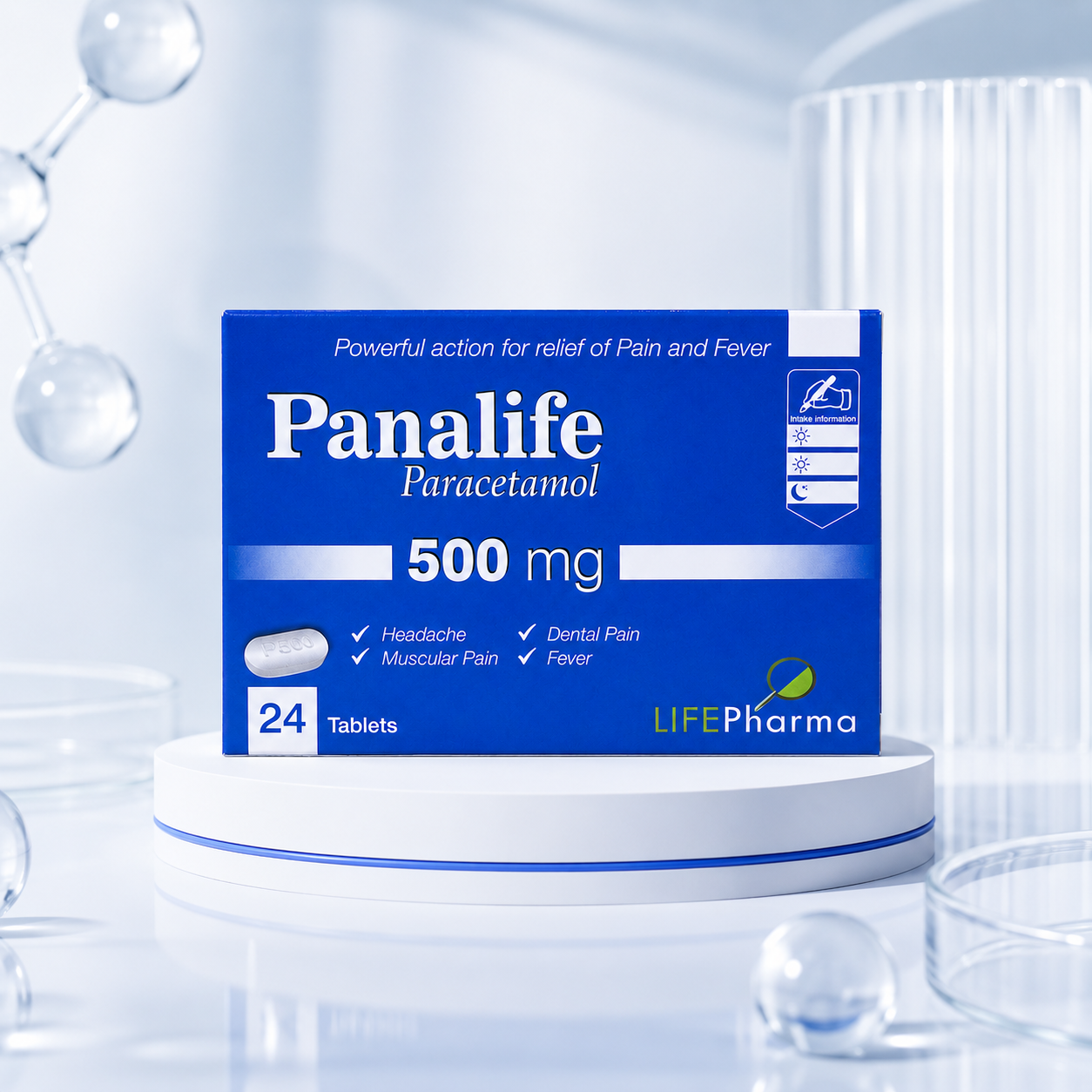 Panalife Paracetamol 500 mg pain relief tablets, 24 tablets, for headache, dental pain, muscular pain and fever relief