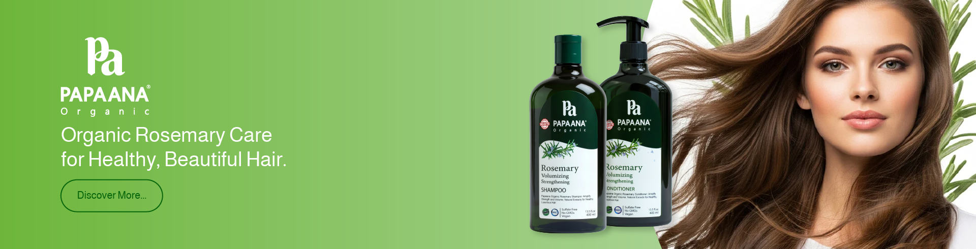 Papaya Organic hair care products with a model and green background