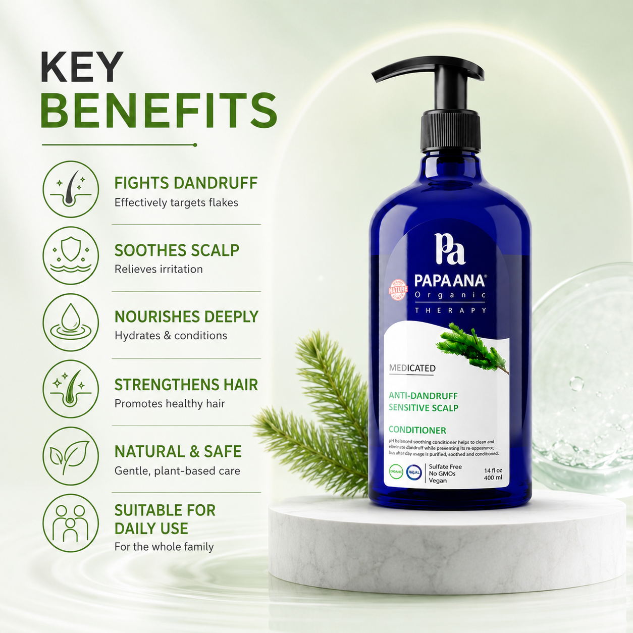 PAPAANA Organic Therapy Medicated Anti-Dandruff Sensitive Scalp Conditioner 400ml for reducing dandruff and soothing irritation.