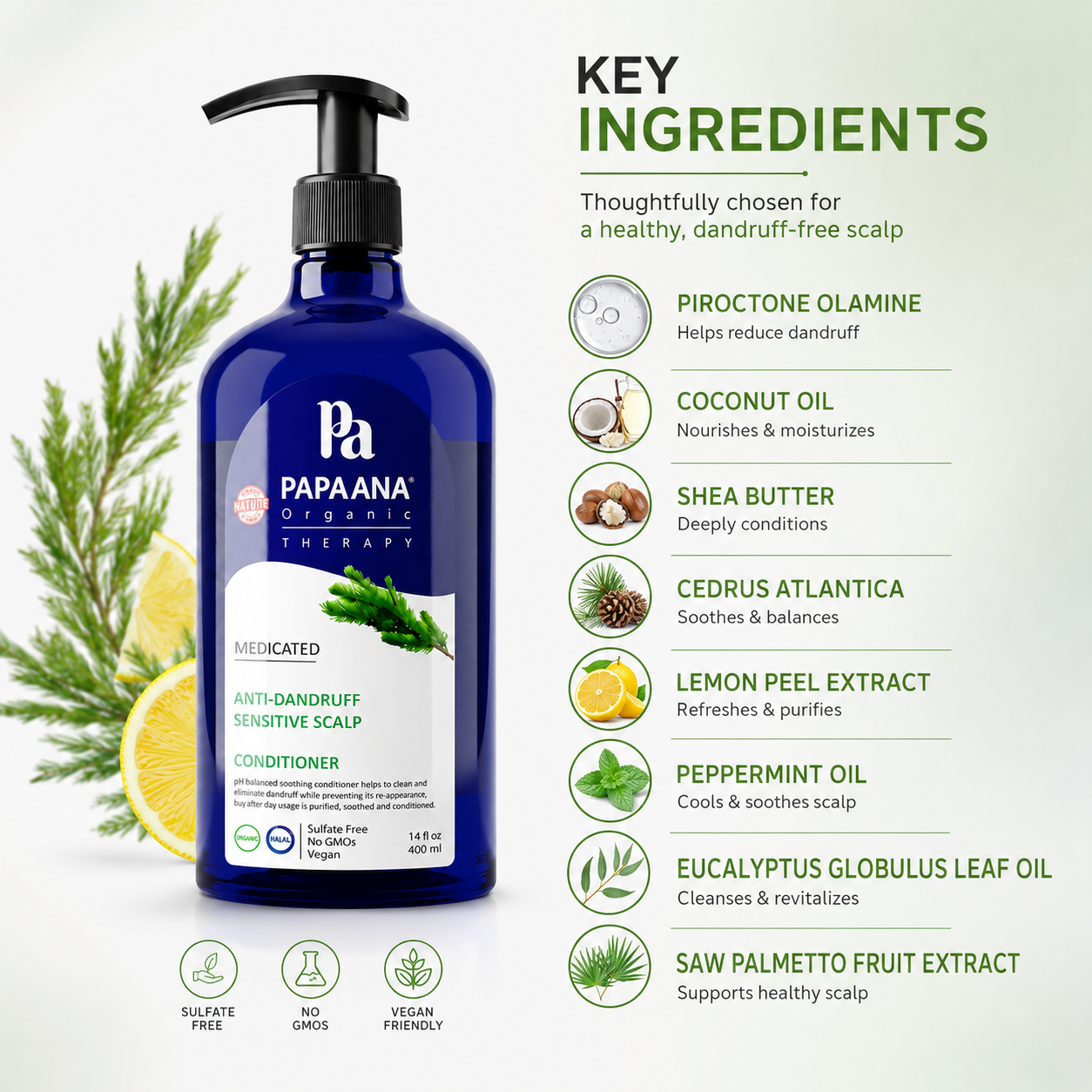 PAPAANA Organic Therapy Medicated Anti-Dandruff Sensitive Scalp Conditioner 400ml for reducing dandruff and soothing irritation.