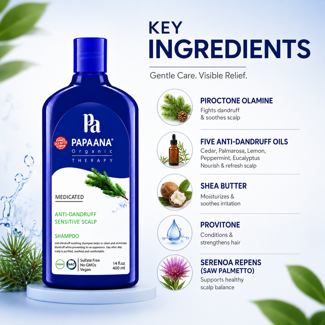 PAPAANA Organic Therapy Medicated Anti-Dandruff Sensitive Scalp Shampoo 400ml, sulfate-free anti-dandruff shampoo that helps reduce flakes and soothe irritation.