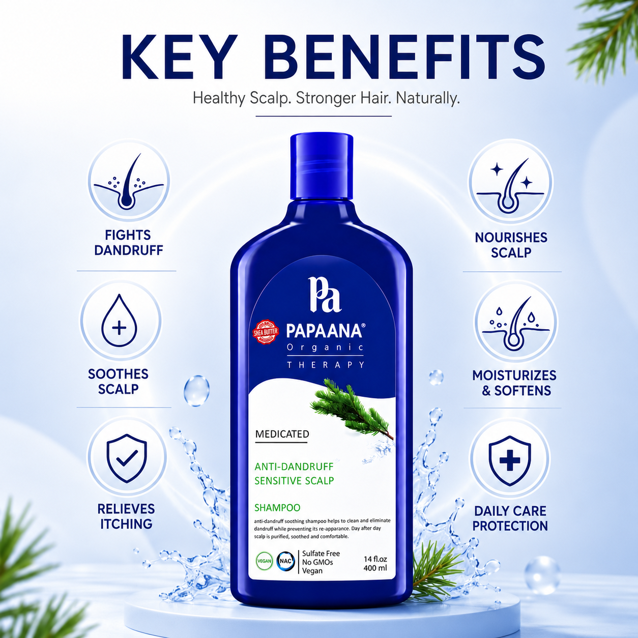 PAPAANA Organic Therapy Medicated Anti-Dandruff Sensitive Scalp Shampoo 400ml, sulfate-free anti-dandruff shampoo that helps reduce flakes and soothe irritation.