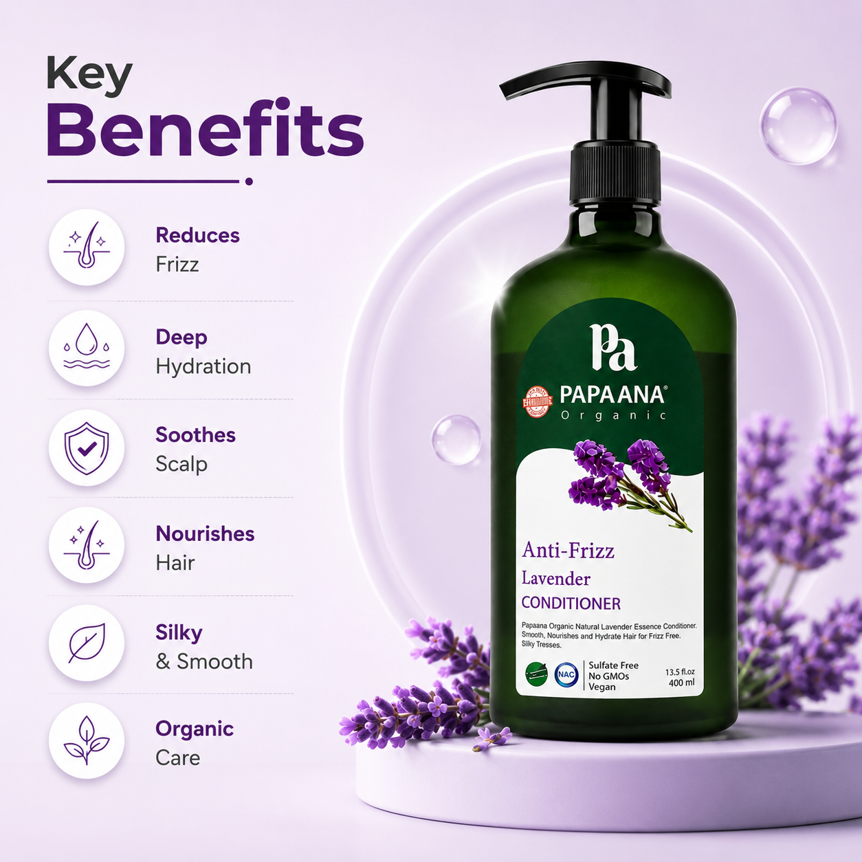 Papaana Organic Anti-Frizz Lavender Conditioner 400ml, sulfate-free hair conditioner that helps smooth frizz and improve hair manageability.