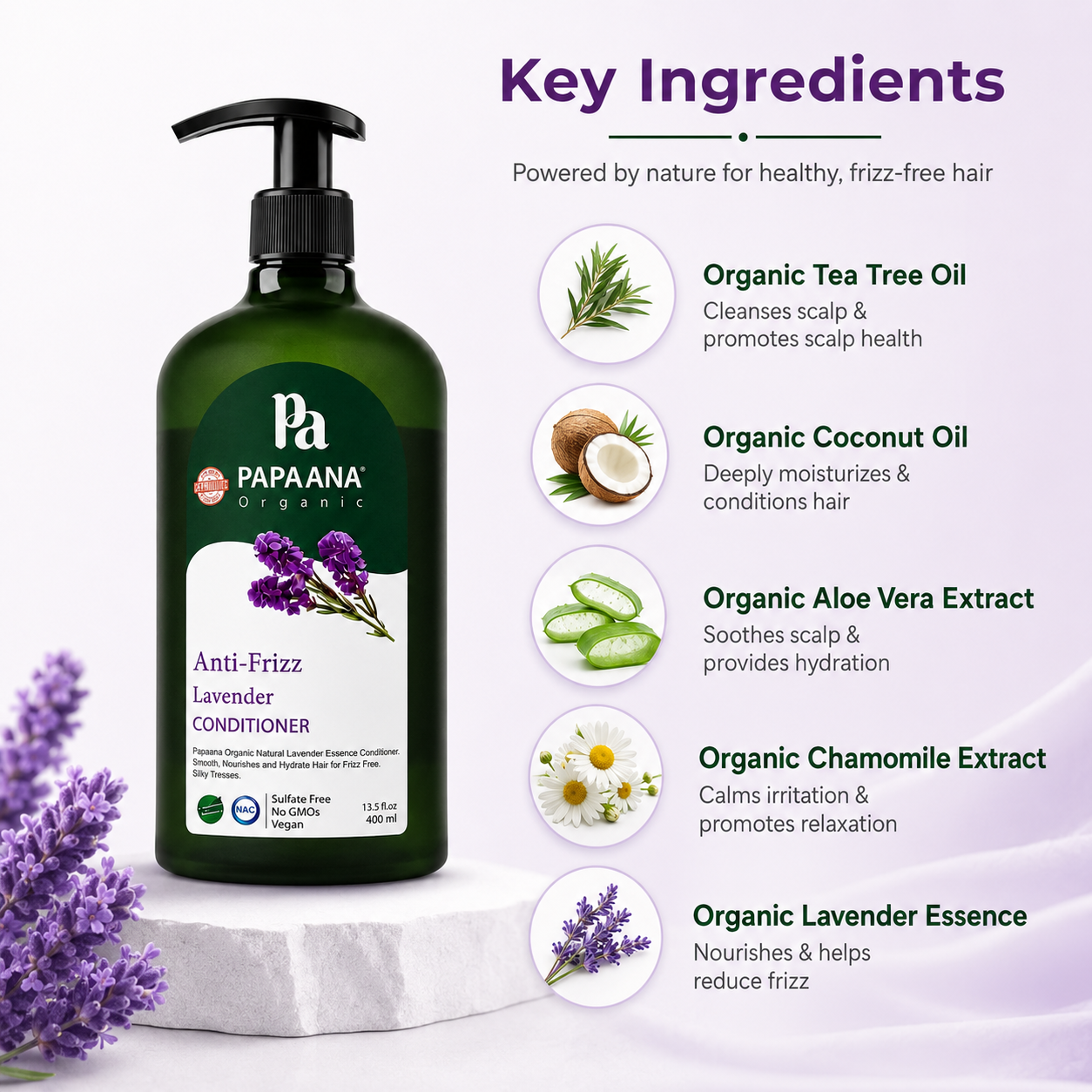 Papaana Organic Anti-Frizz Lavender Conditioner 400ml, sulfate-free hair conditioner that helps smooth frizz and improve hair manageability.