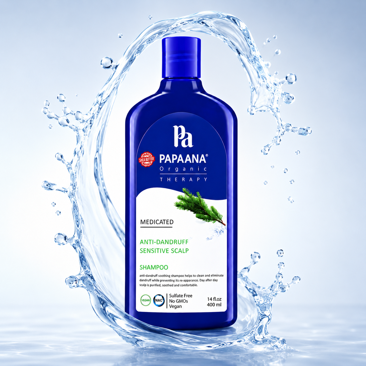PAPAANA Organic Therapy Medicated Anti-Dandruff Sensitive Scalp Shampoo 400ml, sulfate-free anti-dandruff shampoo that helps reduce flakes and soothe irritation.