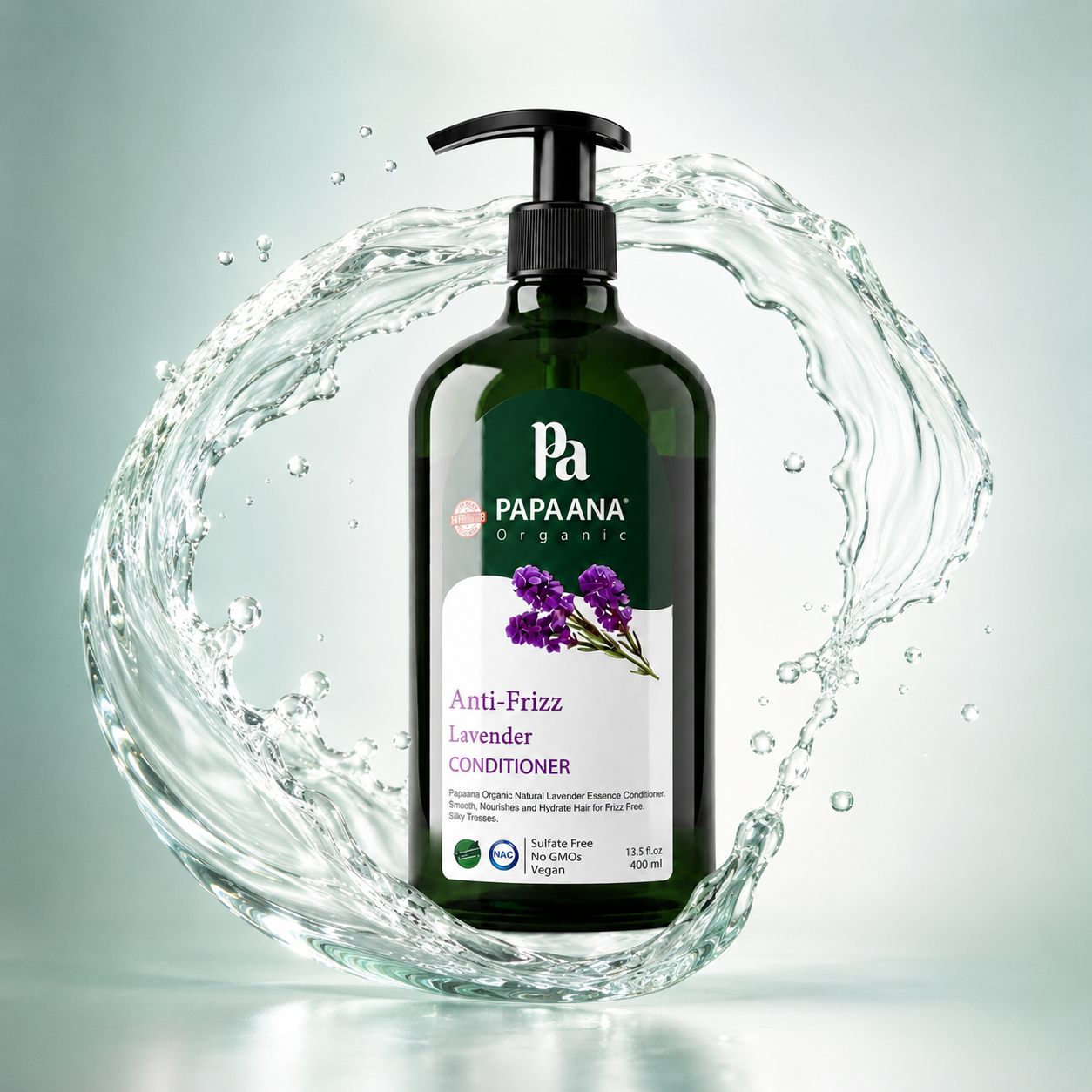 Papaana Organic Anti-Frizz Lavender Conditioner 400ml, sulfate-free hair conditioner that helps smooth frizz and improve hair manageability.