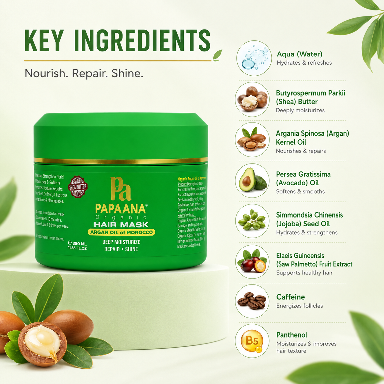 Papaana Organic Argan Oil Of Morocco Hair Mask 350ml deep conditioning hair mask for dry, frizzy hair with moisturizing and repair benefits.