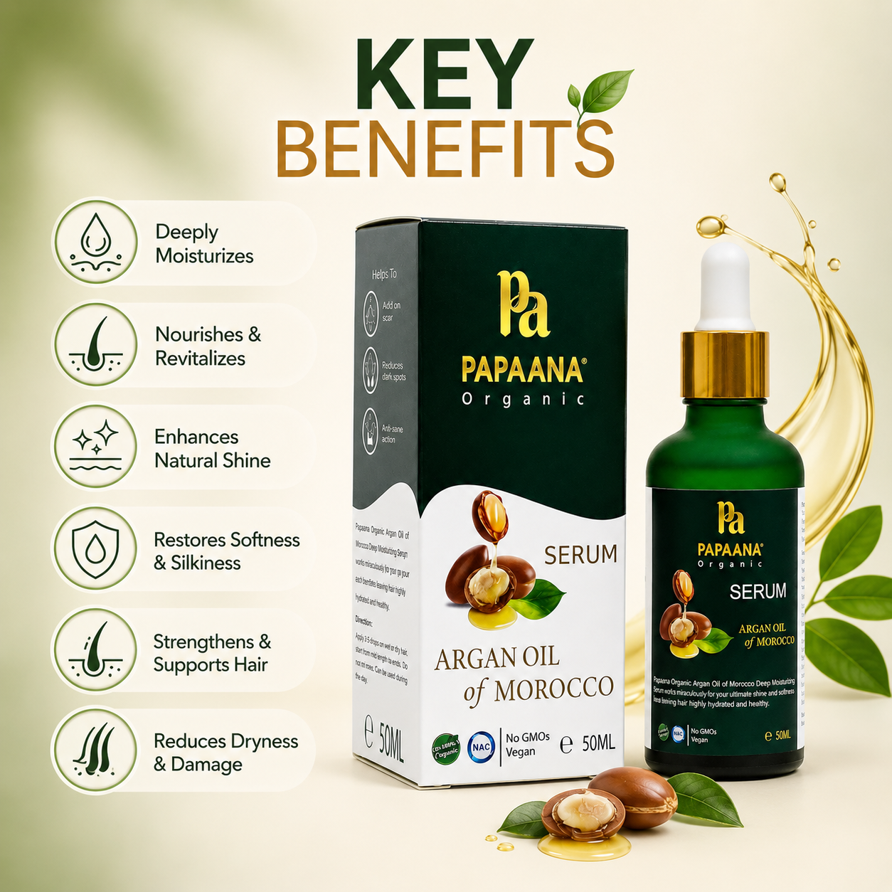 Papaana Organic Argan Oil Of Morocco Hair Serum 50ml for dry damaged hair, helping reduce frizz and enhance natural shine.