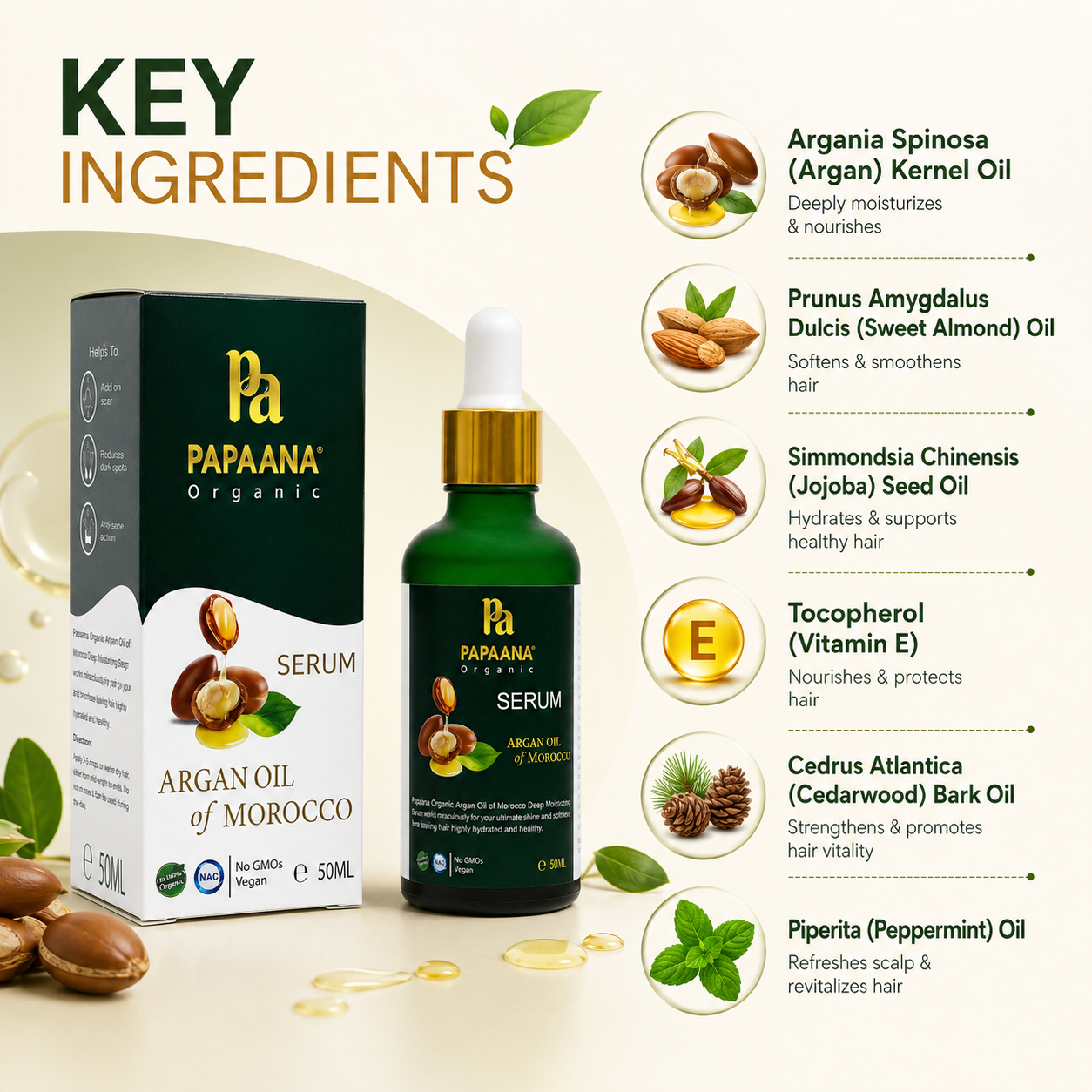 Papaana Organic Argan Oil Of Morocco Hair Serum 50ml for dry damaged hair, helping reduce frizz and enhance natural shine.
