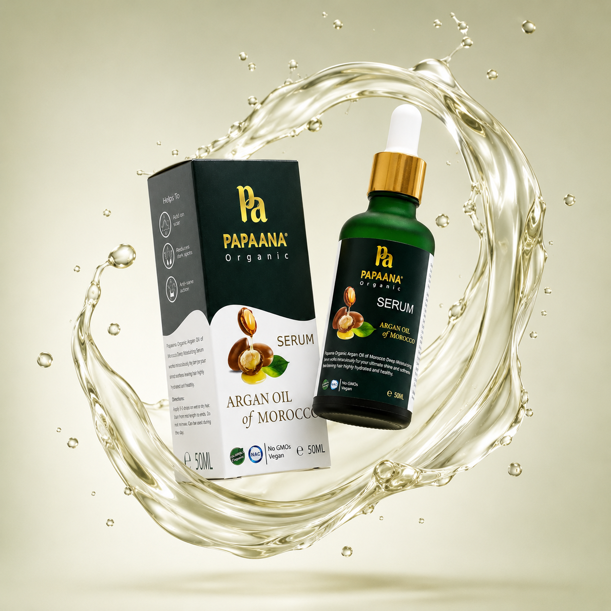 Papaana Organic Argan Oil Of Morocco Hair Serum 50ml for dry damaged hair, helping reduce frizz and enhance natural shine.
