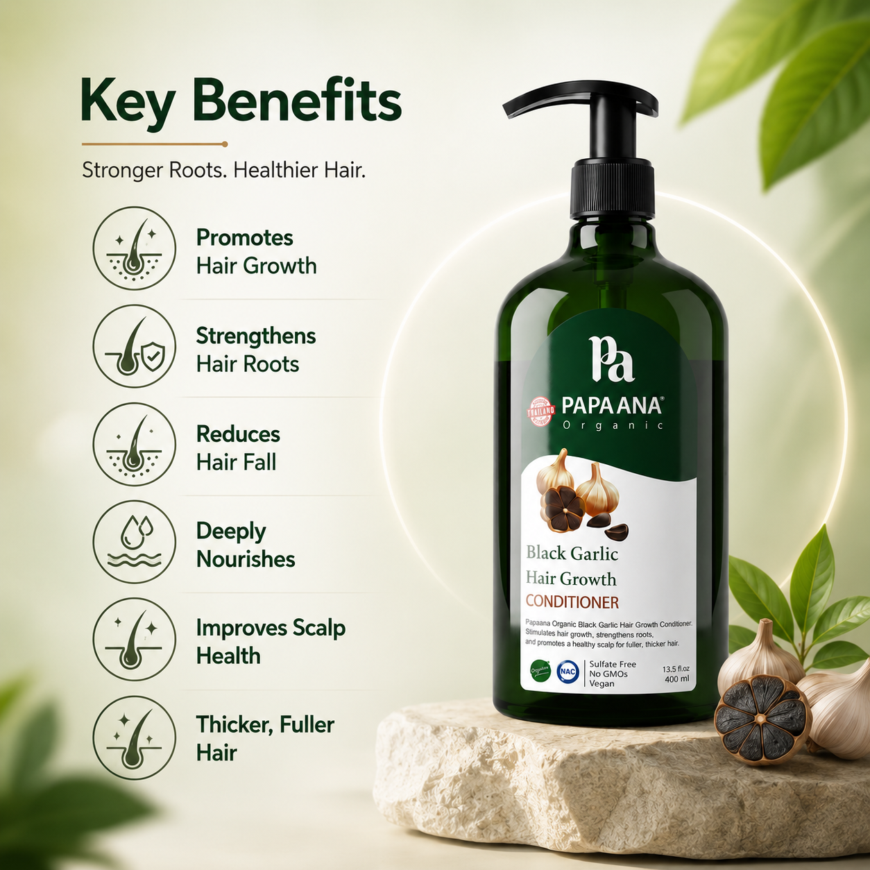 Papaana Organic Black Garlic Hair Growth Conditioner 400ml pump bottle, sulfate-free conditioner that supports stronger roots and healthier hair growth.