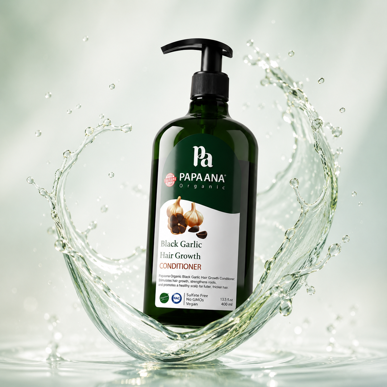 Papaana Organic Black Garlic Hair Growth Conditioner 400ml pump bottle, sulfate-free conditioner that supports stronger roots and healthier hair growth.