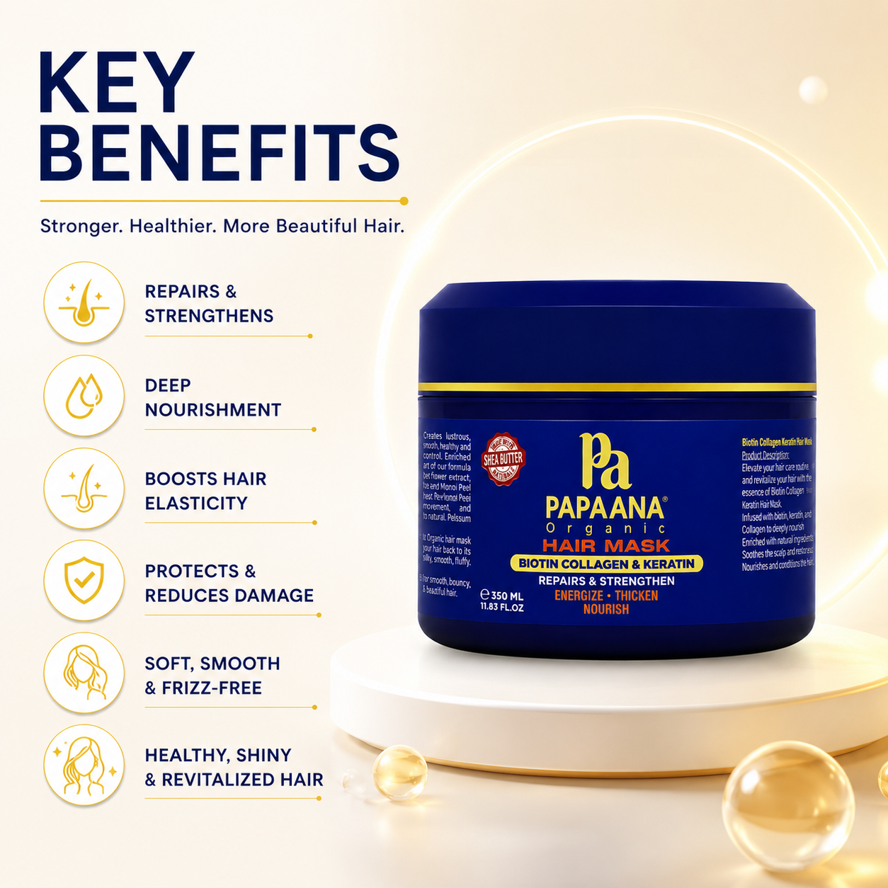 Papaana Organic Hair Mask Biotin Collagen & Keratin 350ml hair repair mask for strengthening damaged hair and reducing breakage.