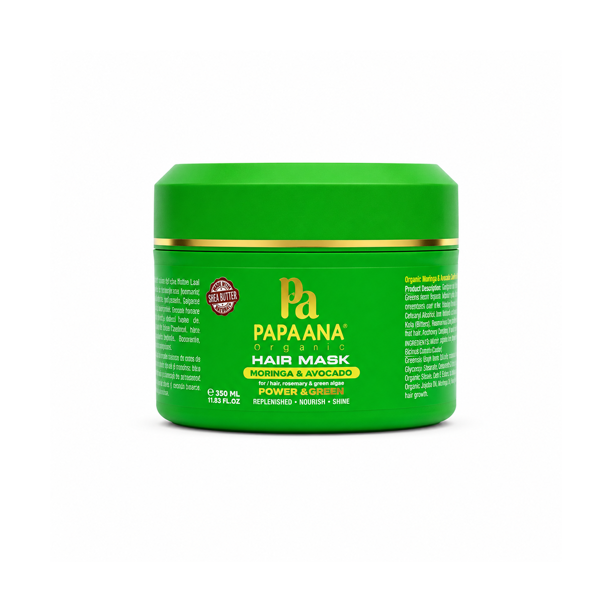 Papaana Organic Hair Mask Moringa & Avocado Power Green 350ml hair mask for dry frizzy hair, nourishing and restoring shine and softness.