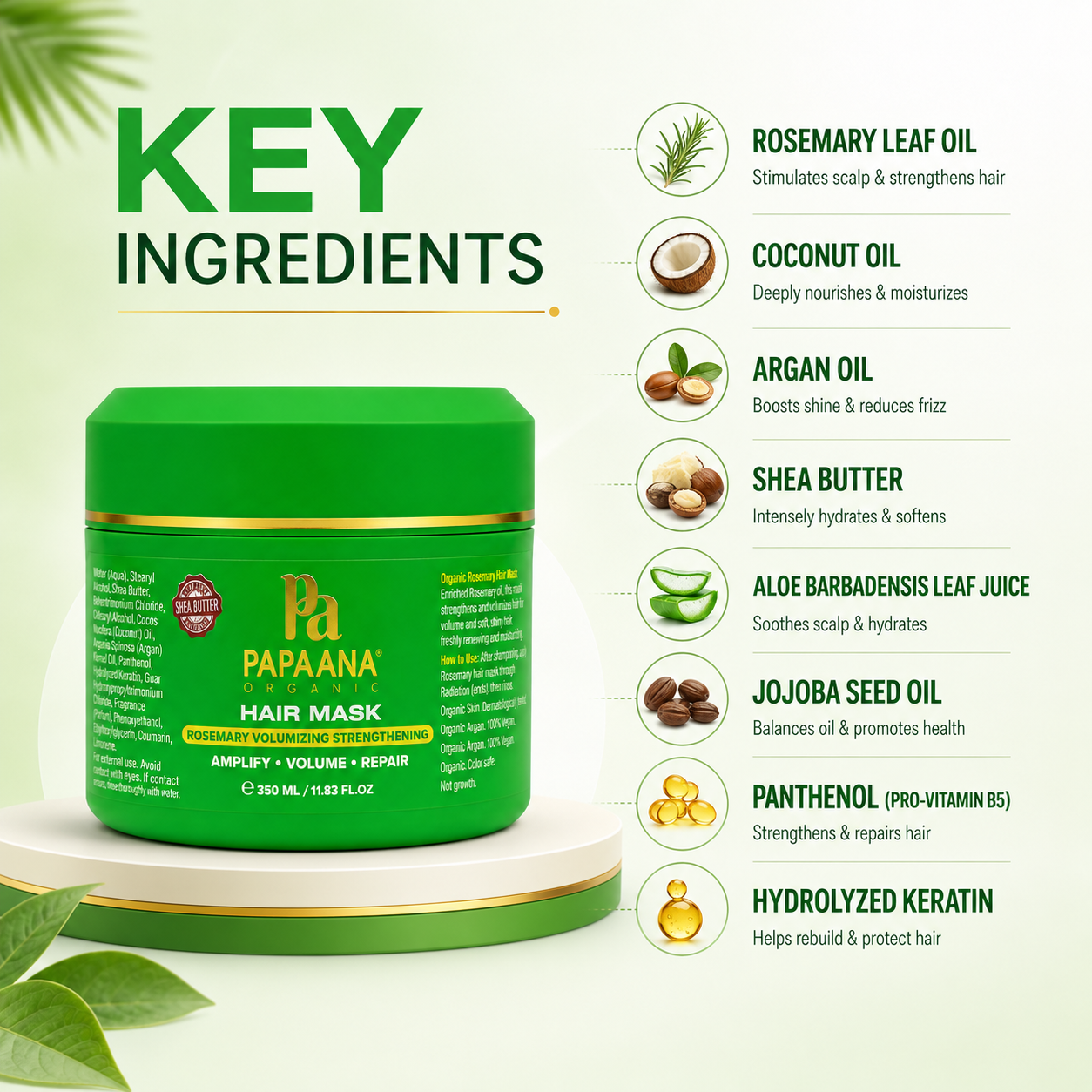 Papaana Organic Rosemary Volumizing Strengthening Hair Mask 350ml, volumizing hair mask that helps strengthen weak hair and improve fullness.