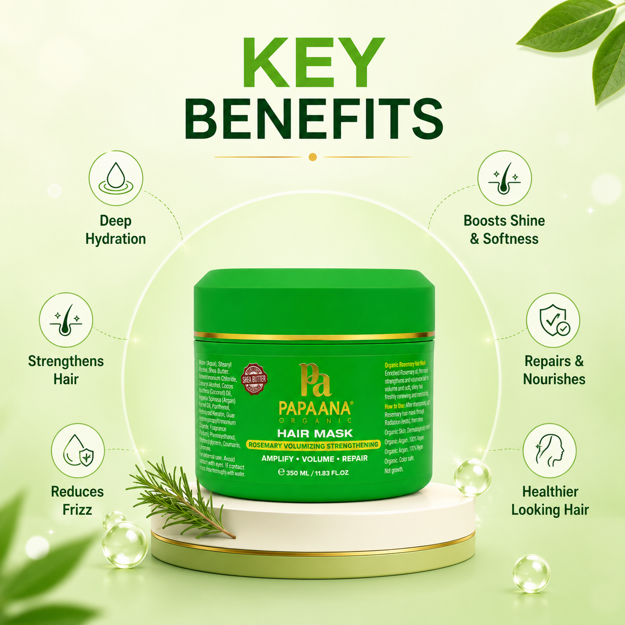 Papaana Organic Rosemary Volumizing Strengthening Hair Mask 350ml, volumizing hair mask that helps strengthen weak hair and improve fullness.