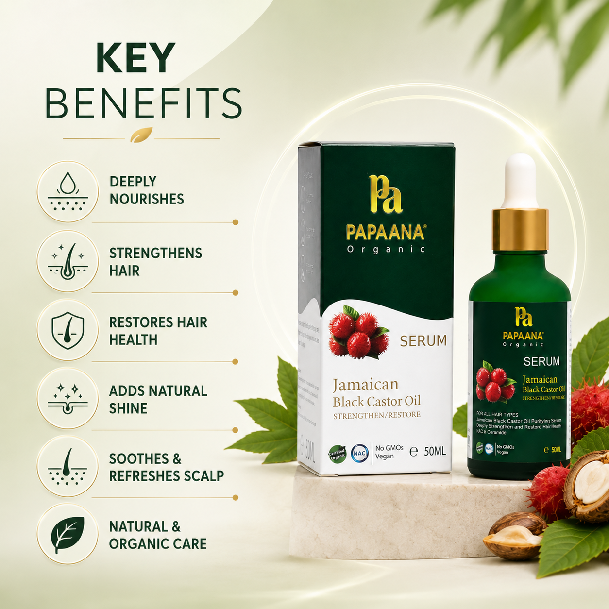 Papaana Organic Jamaican Black Castor Oil Hair Serum 50ml with dropper bottle and box, strengthening hair and nourishing the scalp.