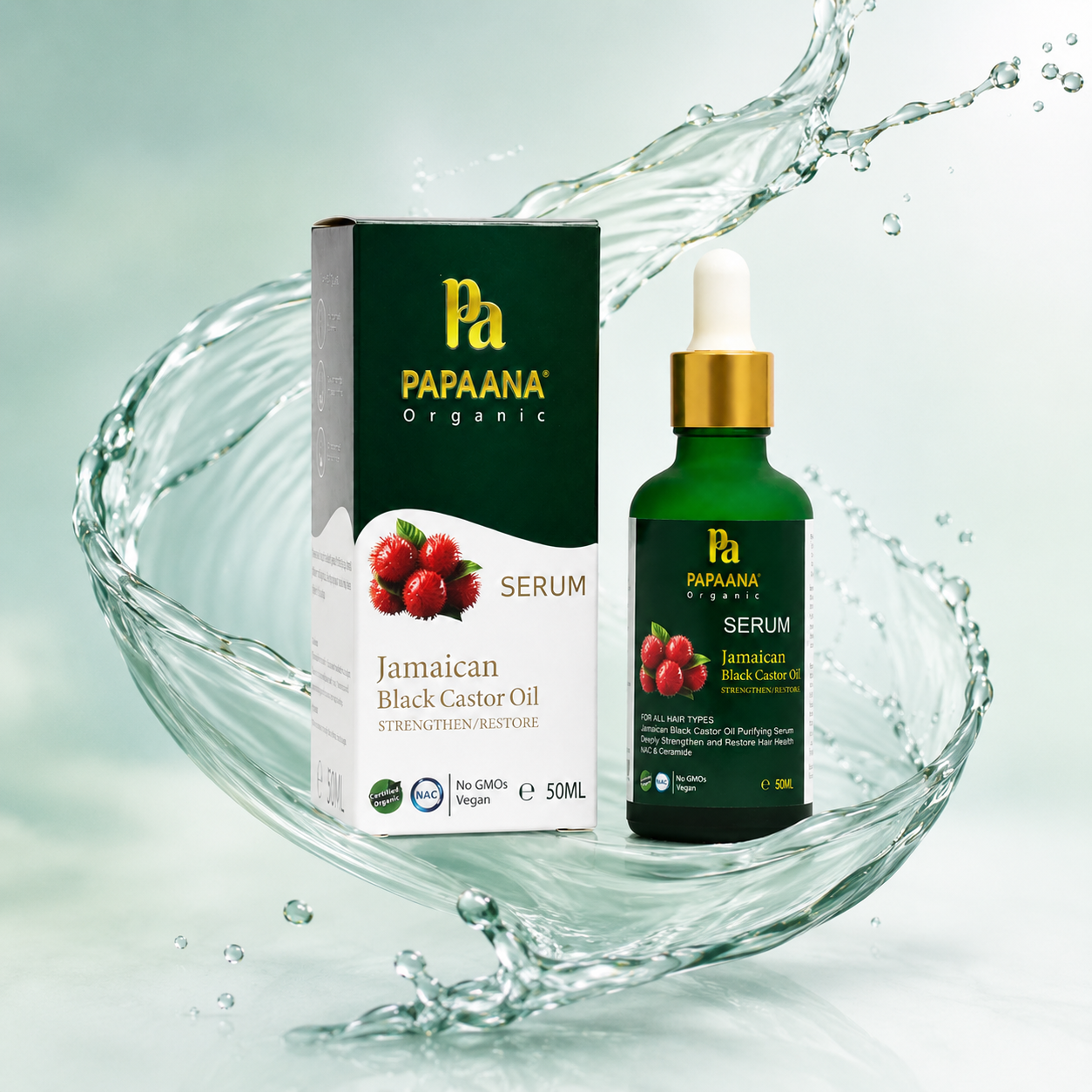 Papaana Organic Jamaican Black Castor Oil Hair Serum 50ml with dropper bottle and box, strengthening hair and nourishing the scalp.