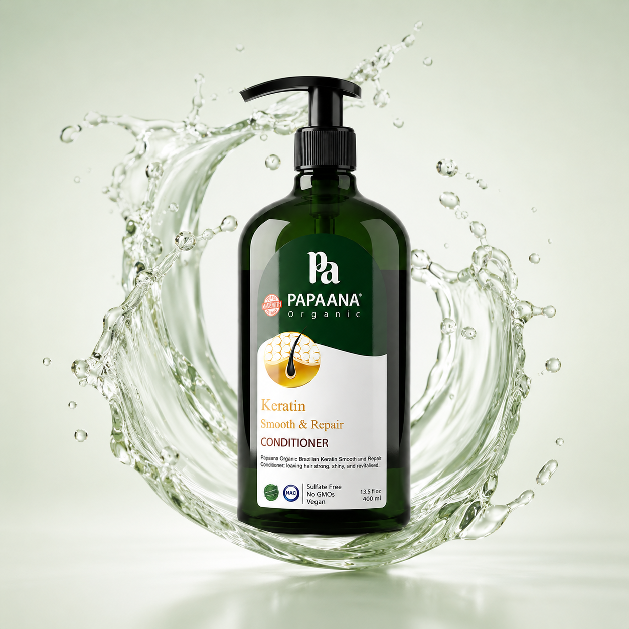Papaana Organic Keratin Smooth & Repair Conditioner 400ml, keratin hair conditioner that helps repair damaged hair and reduce frizz.