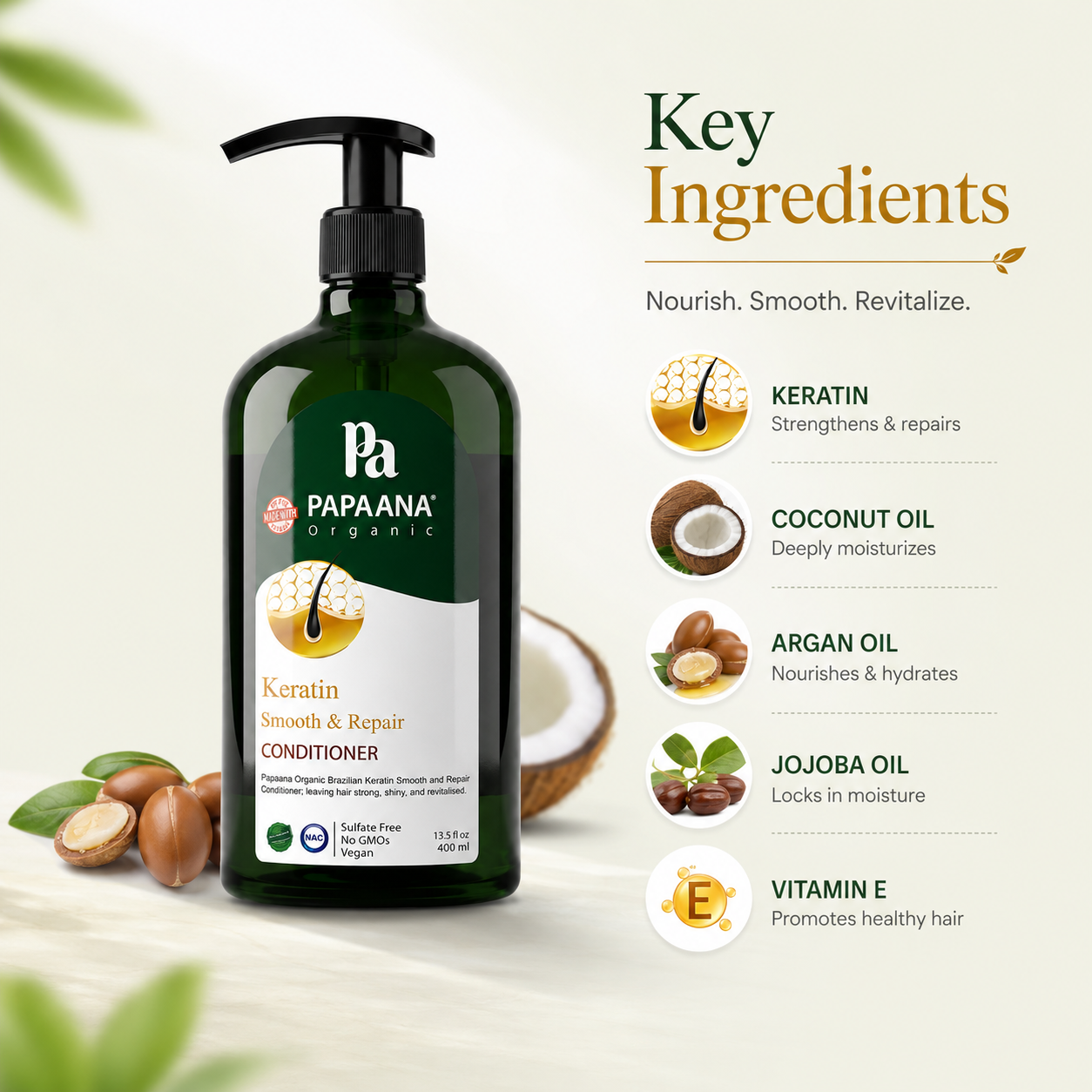 Papaana Organic Keratin Smooth & Repair Conditioner 400ml, keratin hair conditioner that helps repair damaged hair and reduce frizz.