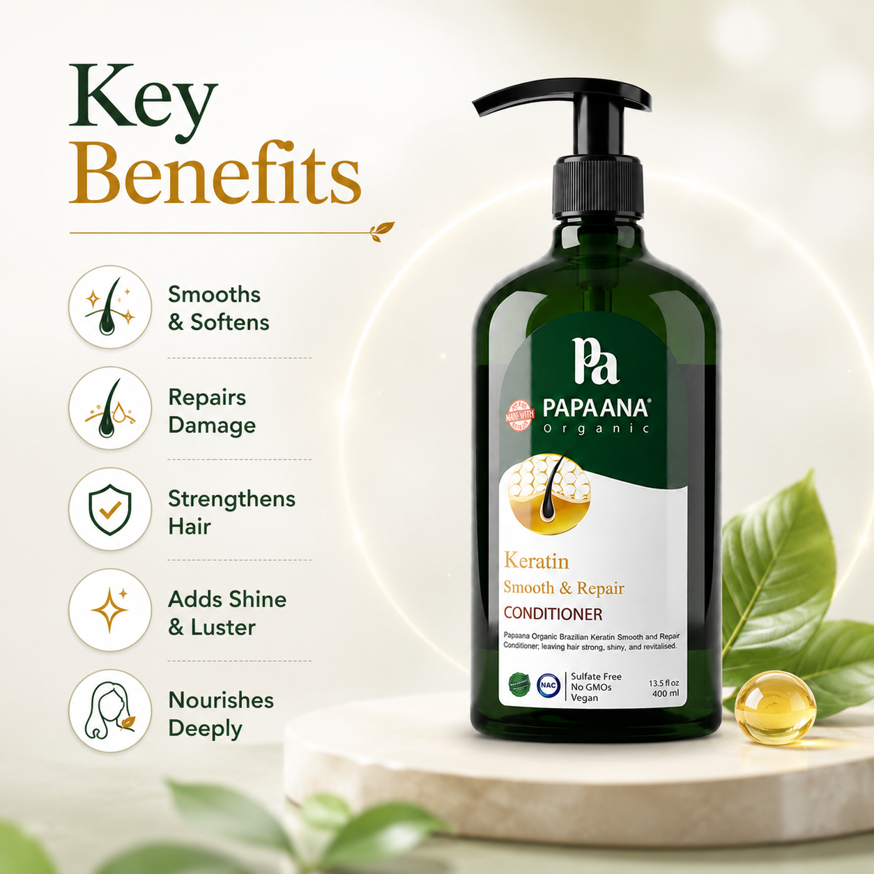 Papaana Organic Keratin Smooth & Repair Conditioner 400ml, keratin hair conditioner that helps repair damaged hair and reduce frizz.