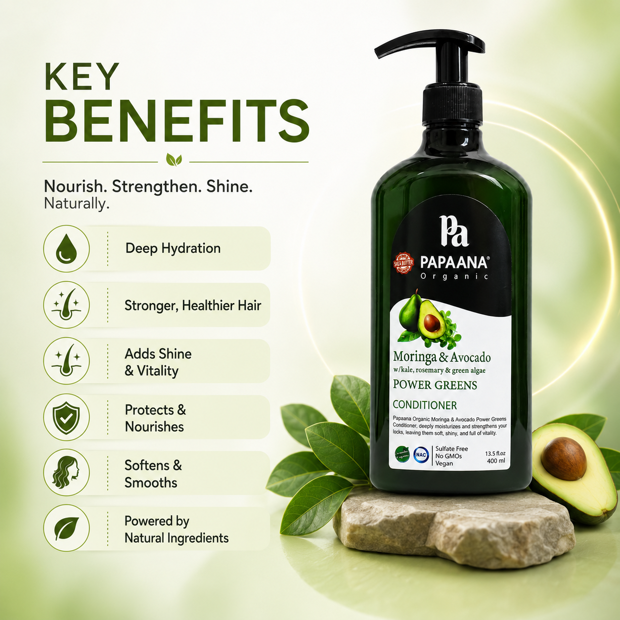Papaana Organic Moringa & Avocado Power Greens Conditioner 400ml moisturizing hair conditioner for dry, frizzy hair with botanical extracts.