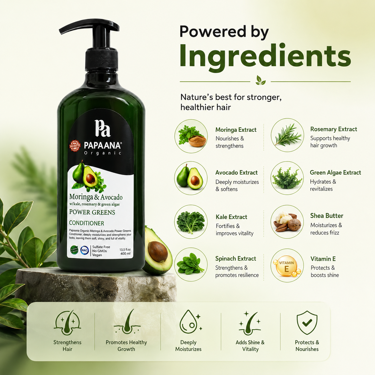 Papaana Organic Moringa & Avocado Power Greens Conditioner 400ml moisturizing hair conditioner for dry, frizzy hair with botanical extracts.