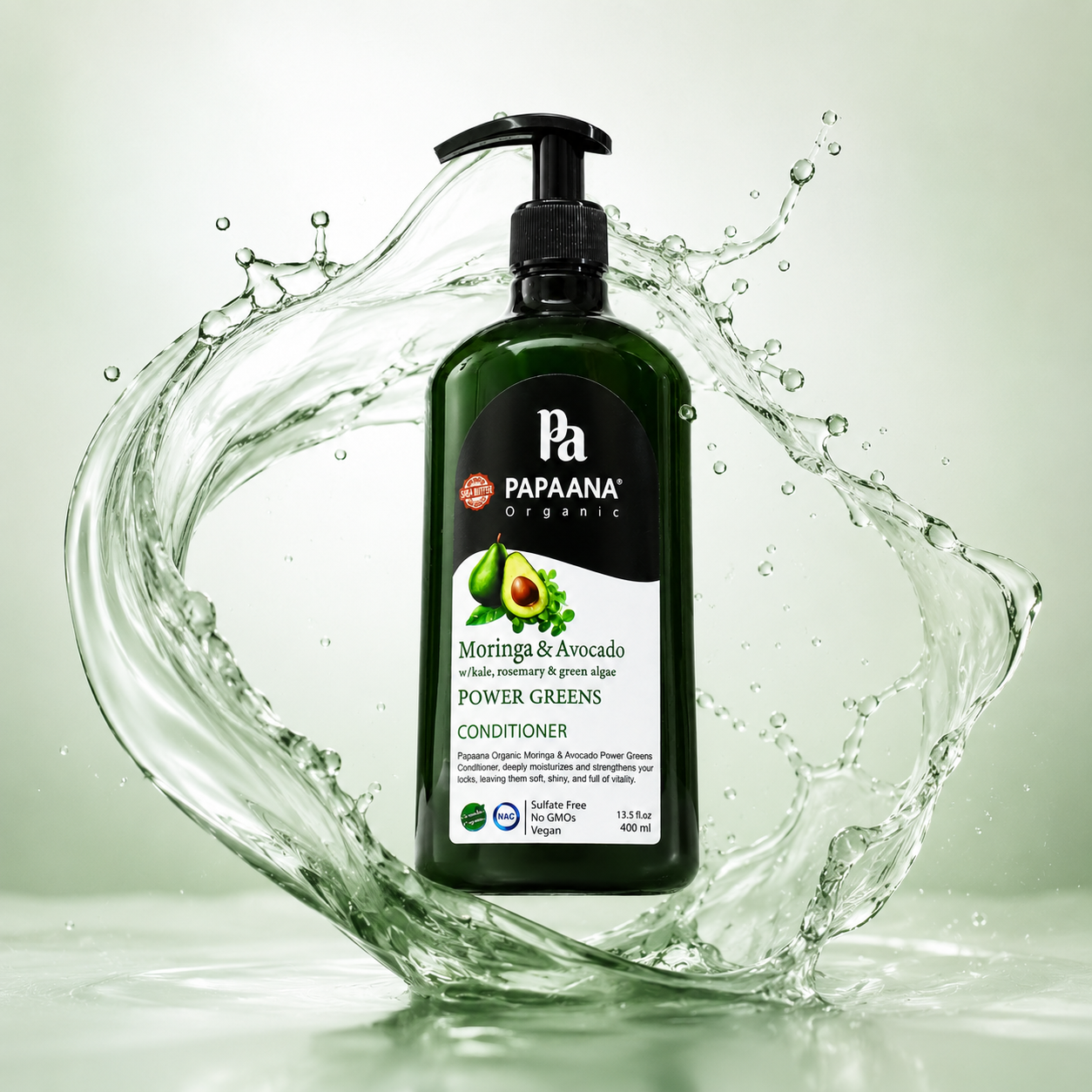 Papaana Organic Moringa & Avocado Power Greens Conditioner 400ml moisturizing hair conditioner for dry, frizzy hair with botanical extracts.