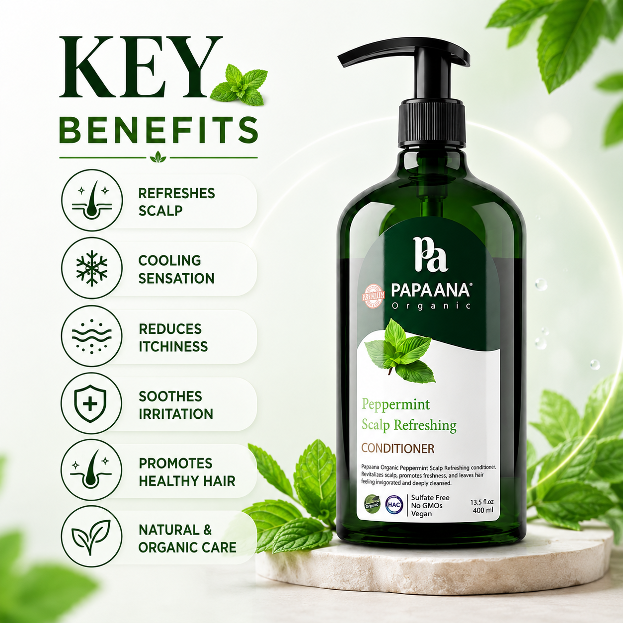 Papaana Organic Peppermint Scalp Refreshing Conditioner 400ml scalp conditioner for soothing itchy scalp and refreshing hair care.